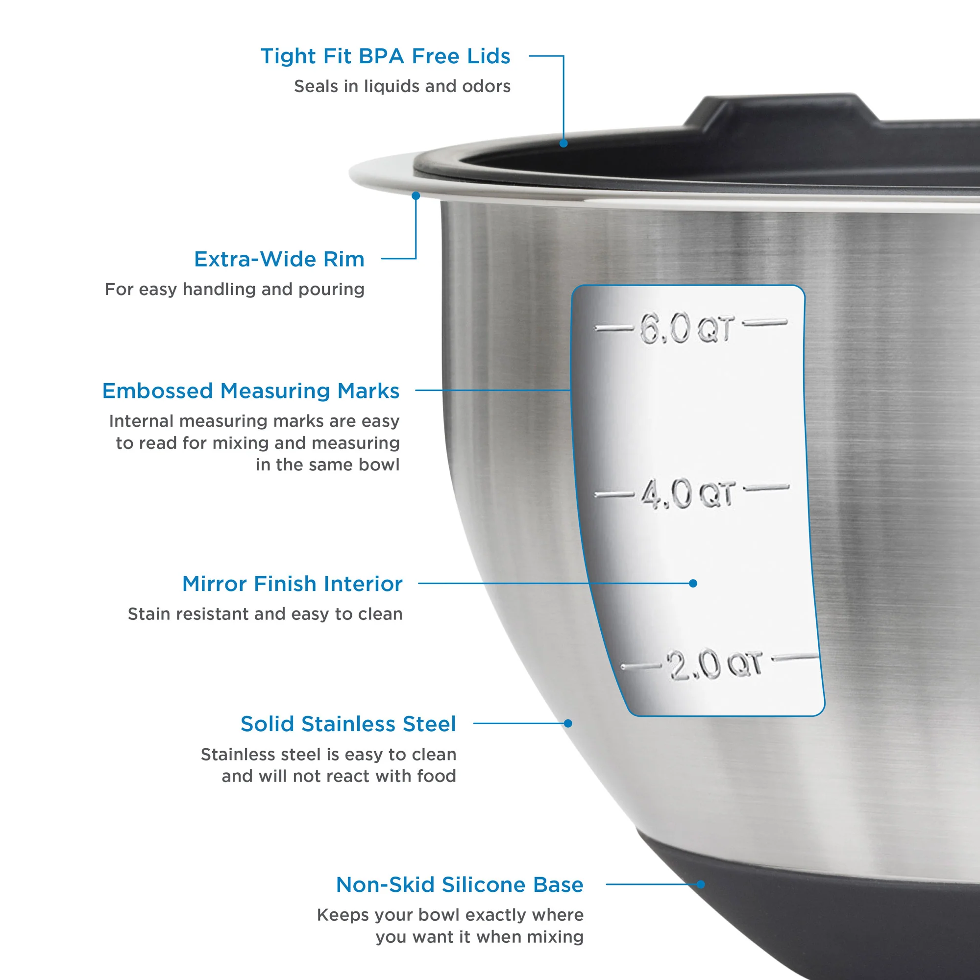 Viking 10-Piece Stainless Steel Mixing Bowl Set with Lids, Black - Image 3