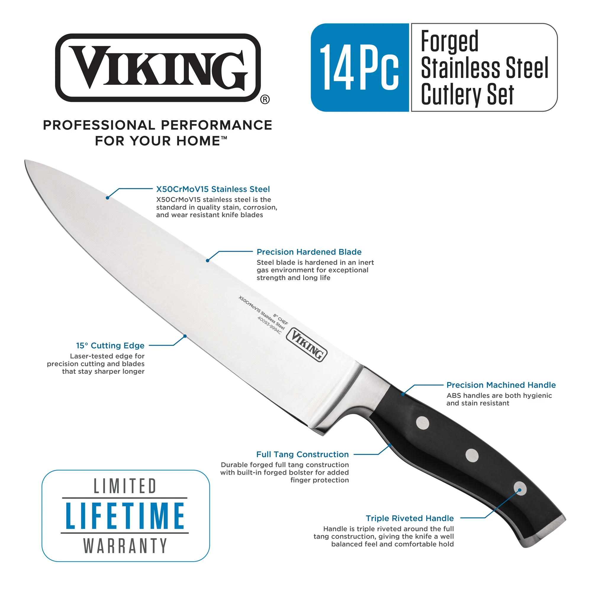 Viking 14-Piece X50CrMoV15 Steel Cutlery Set with Black Block - Image 3