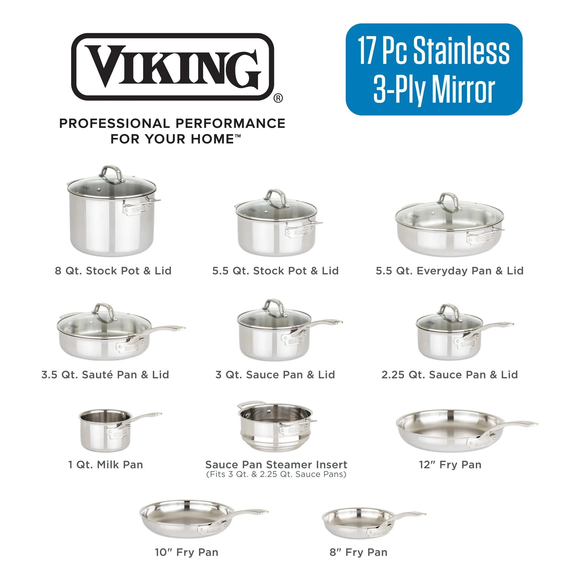 Viking 3-Ply Stainless Steel 17-Piece Cookware Set with Glass Lids - Image 4
