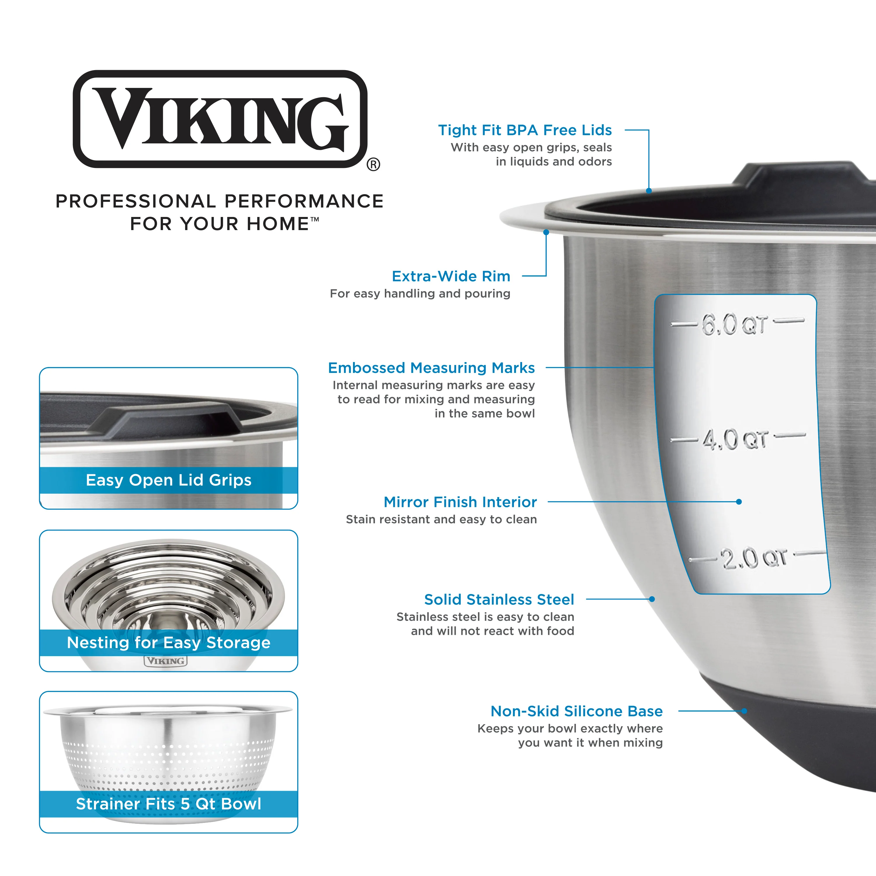 Viking 9-Piece Stainless Steel Mixing Bowl Set with Strainer, Black - Image 4