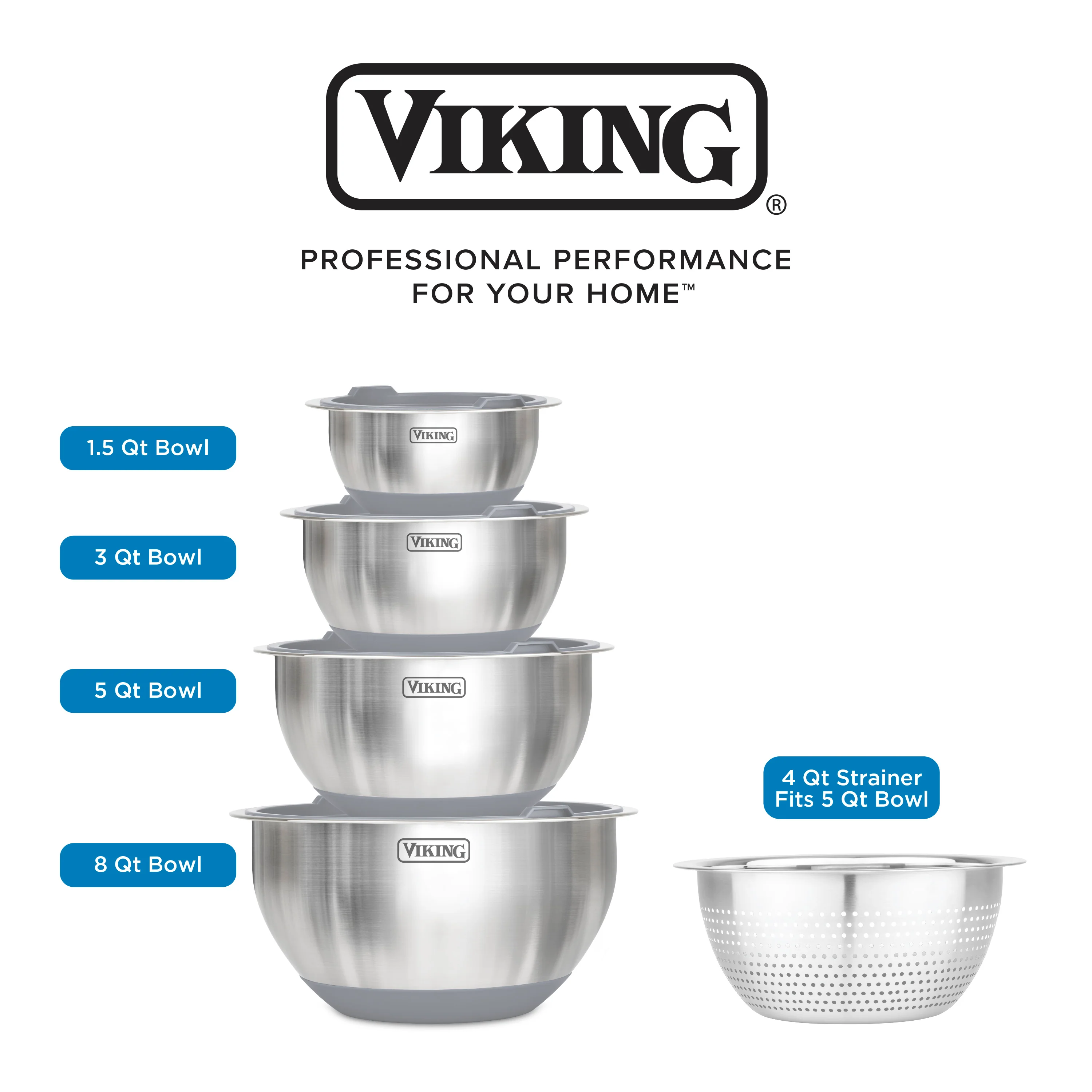 Viking 9-Piece Stainless Steel Mixing Bowl Set with Strainer, Gray - Image 5