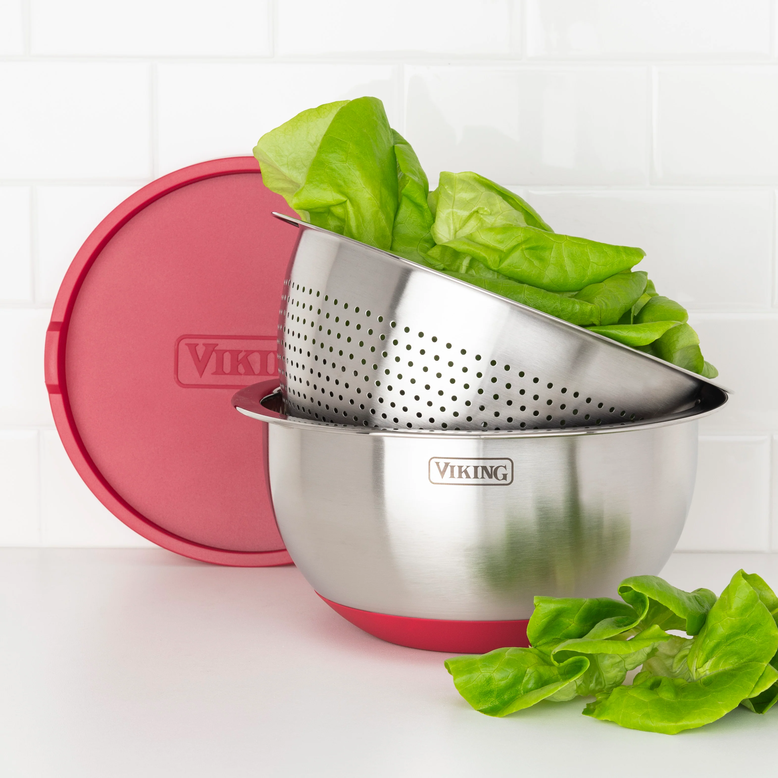 Viking 9-Piece Stainless Steel Mixing Bowl Set with Strainer, Red - Image 3