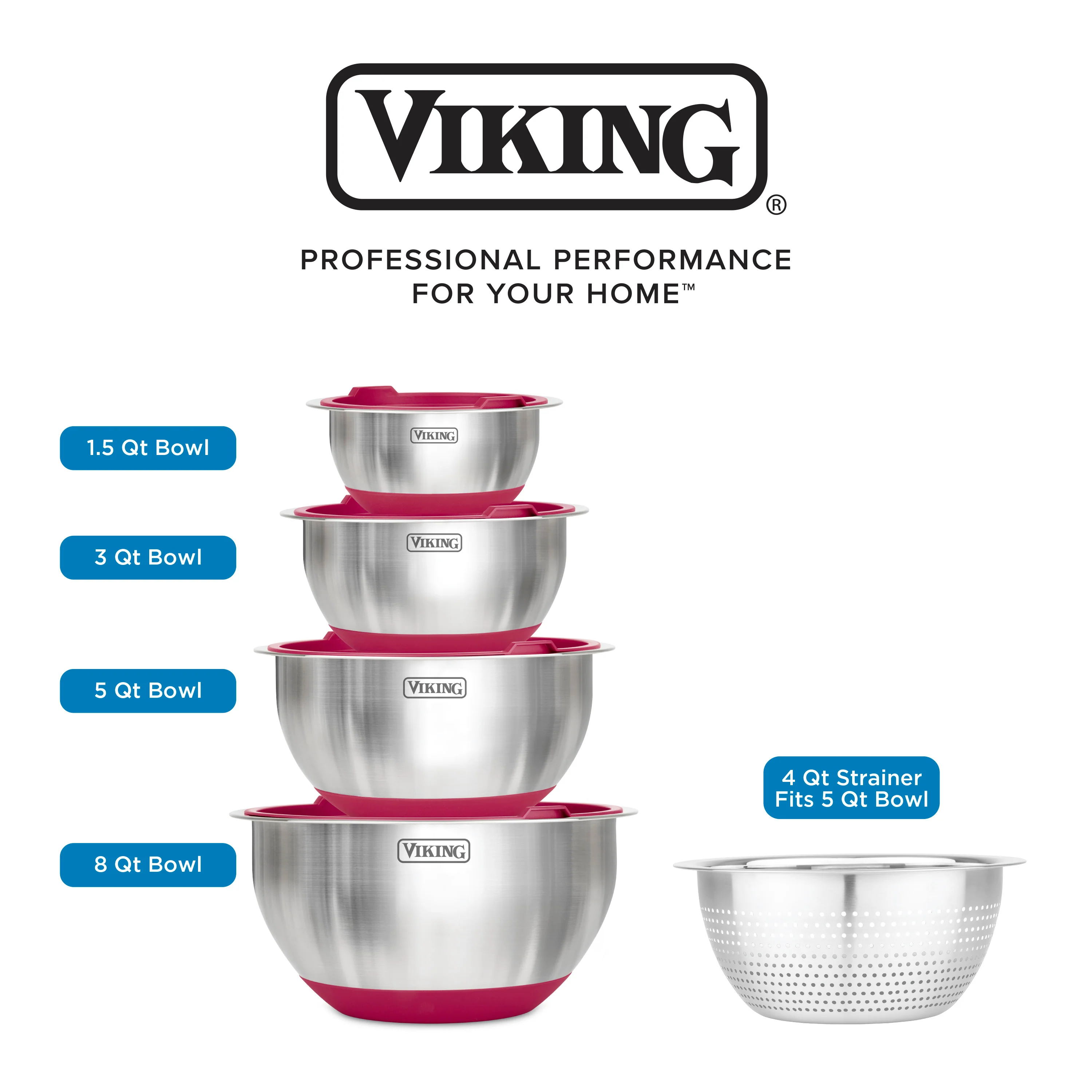 Viking 9-Piece Stainless Steel Mixing Bowl Set with Strainer, Red - Image 5