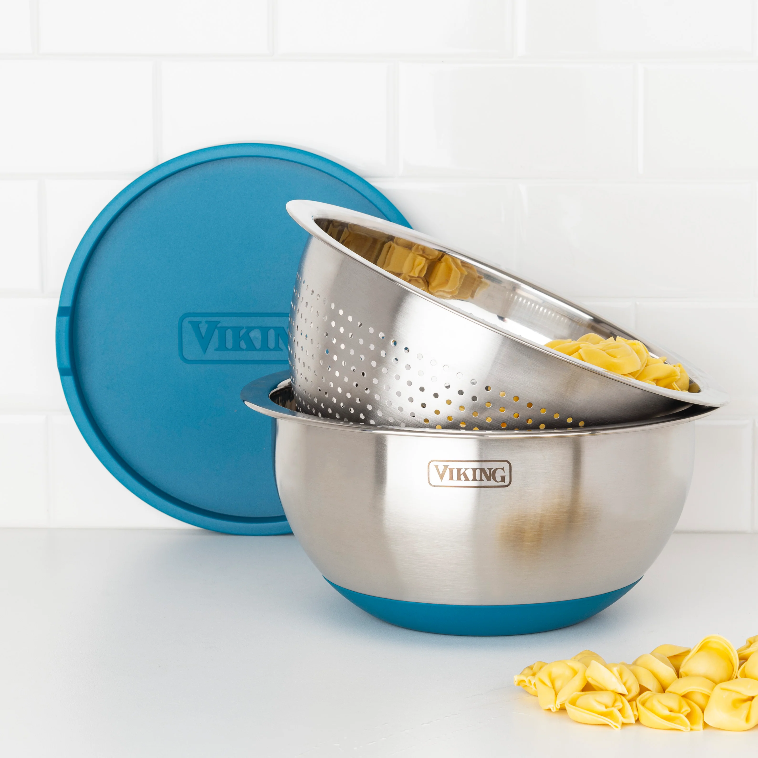 Viking 9-Piece Stainless Steel Mixing Bowl Set with Strainer, Teal - Image 3