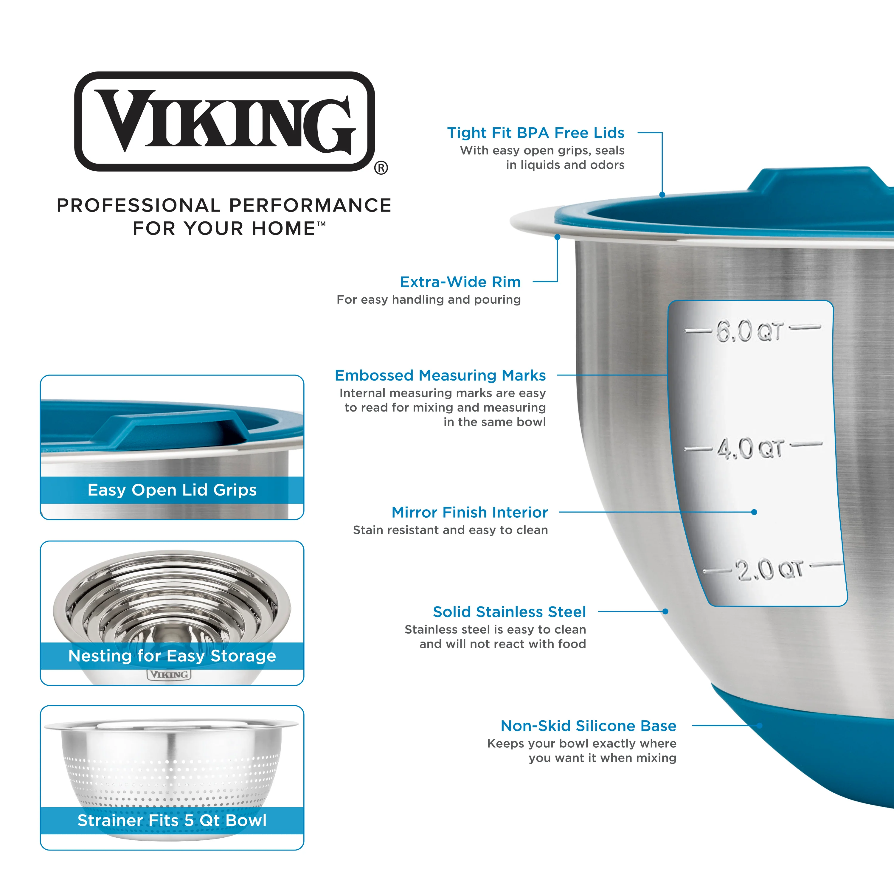 Viking 9-Piece Stainless Steel Mixing Bowl Set with Strainer, Teal - Image 4