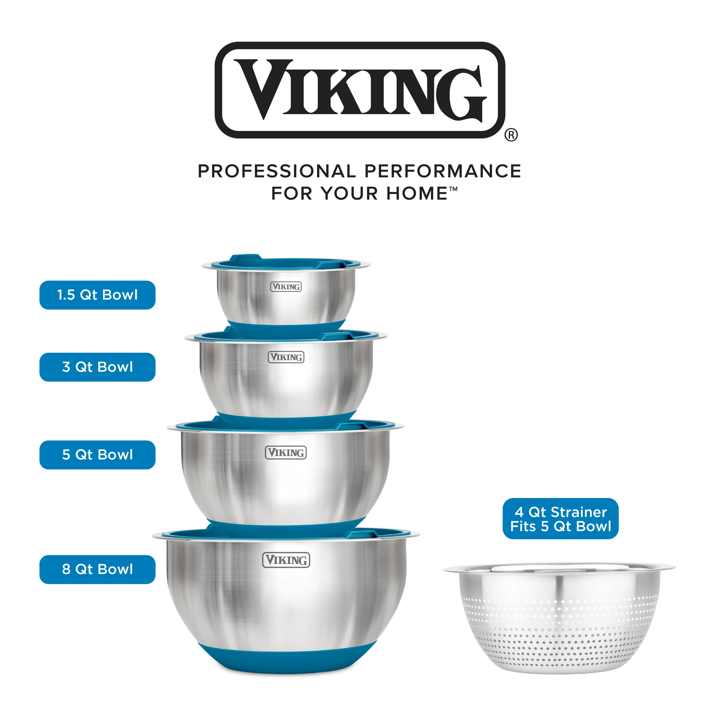 Viking 9-Piece Stainless Steel Mixing Bowl Set with Strainer, Teal - Image 5