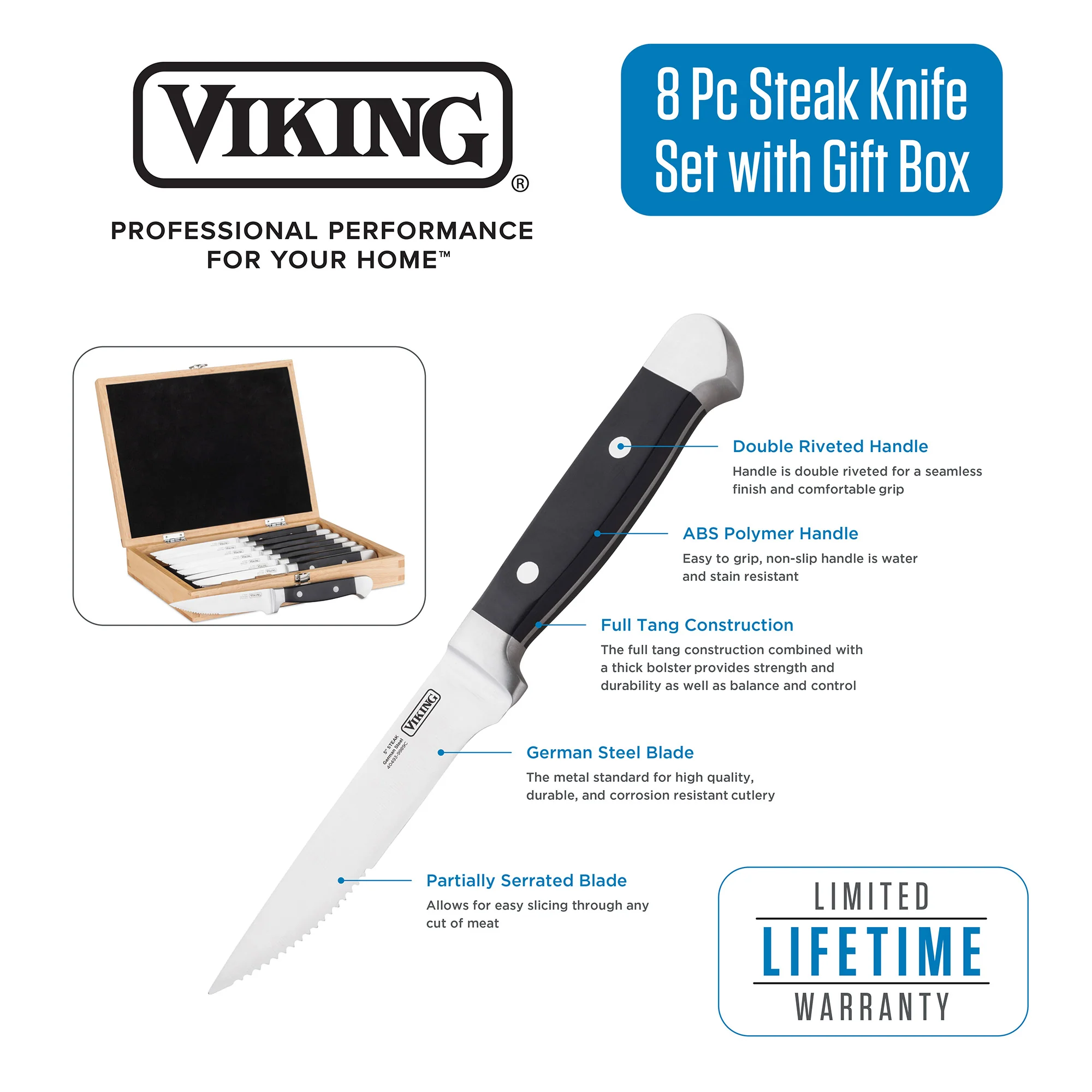 Viking Steakhouse 8-Piece Steak Knife Set with Gift Box - Image 3