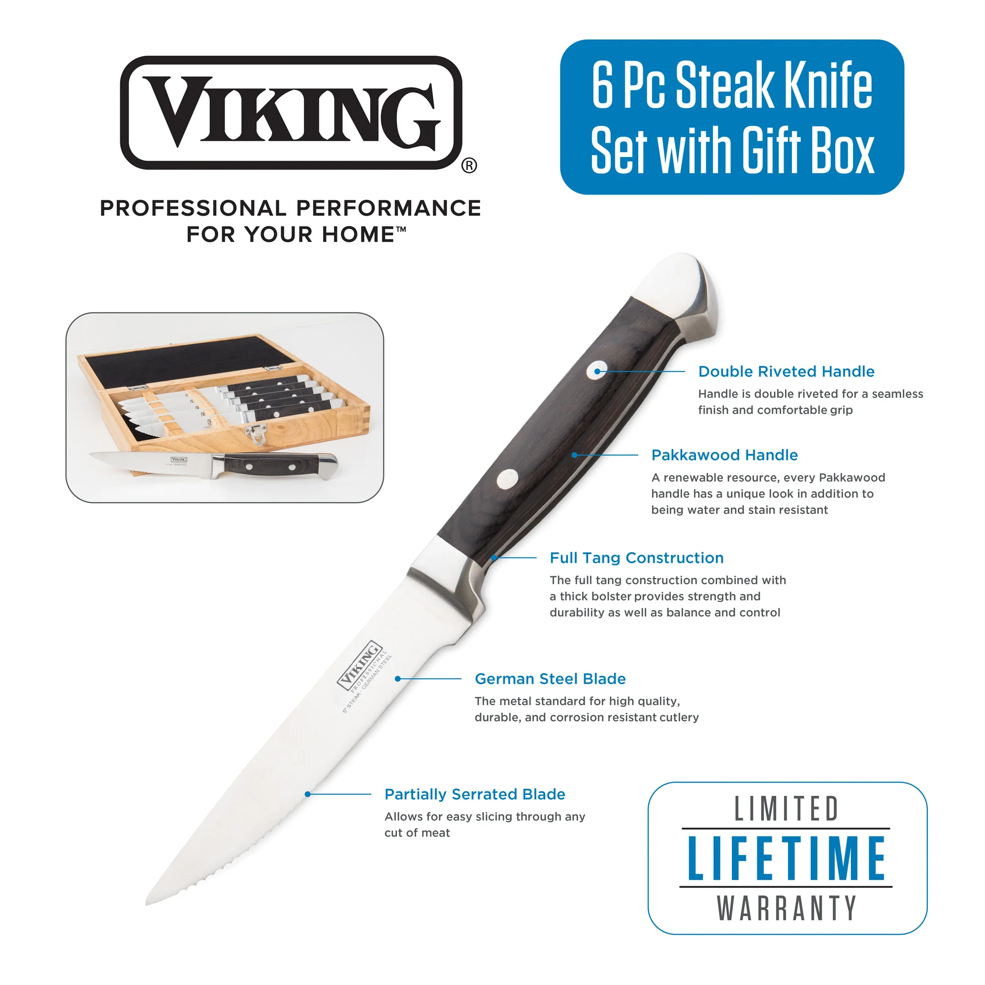 Viking Steakhouse Pakka Wood 6-Piece Steak Knife Set with Gift Box (Black) - Image 3
