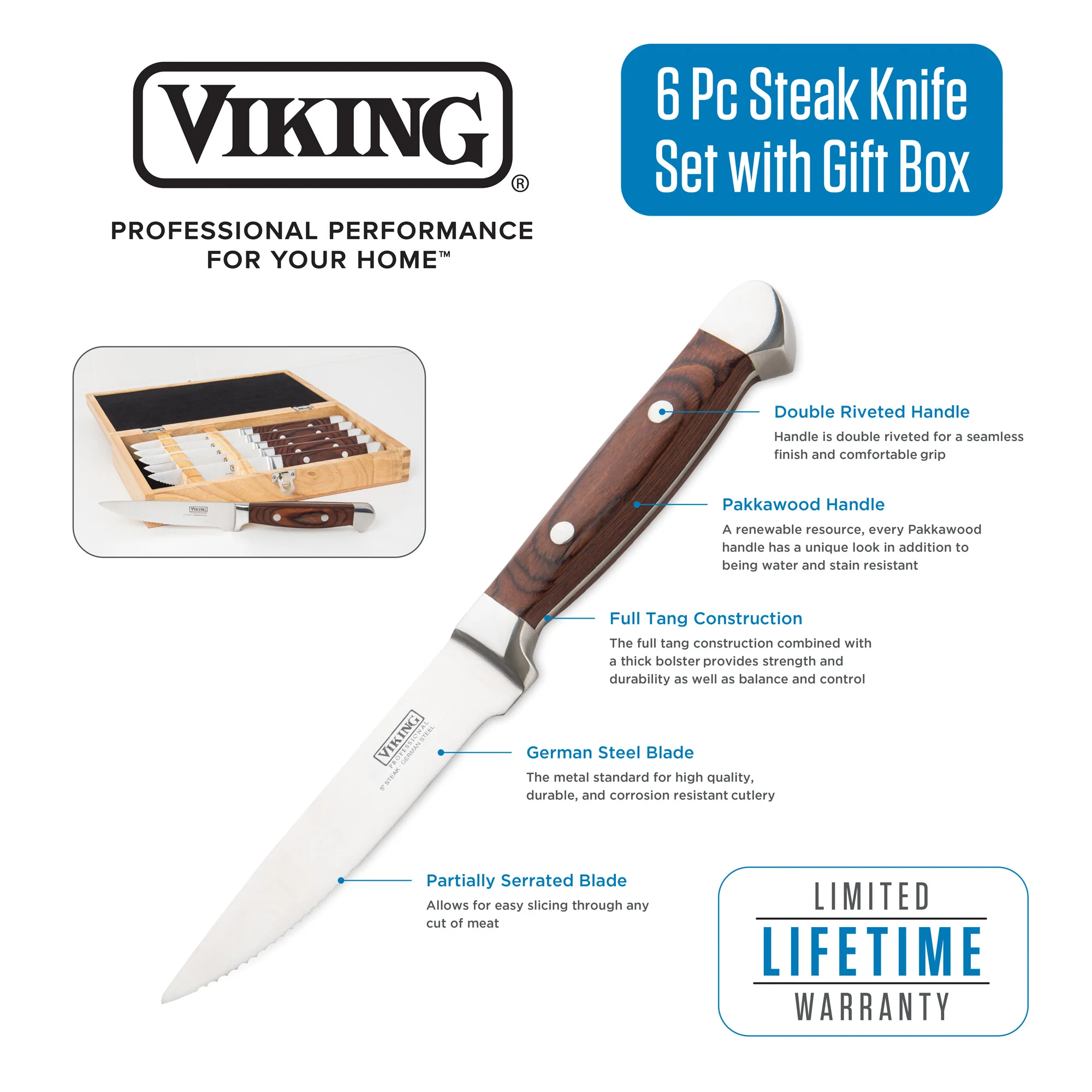 Viking Steakhouse Pakka Wood 6-Piece Steak Knife Set with Gift Box (Red) - Image 3